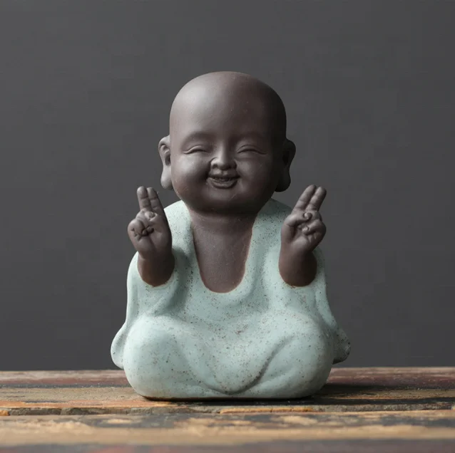 Chinese  fine smile laughing Little monk buddha statue creative home tea ceremony crafts Kung Fu Kid ceramic little monk tea pet