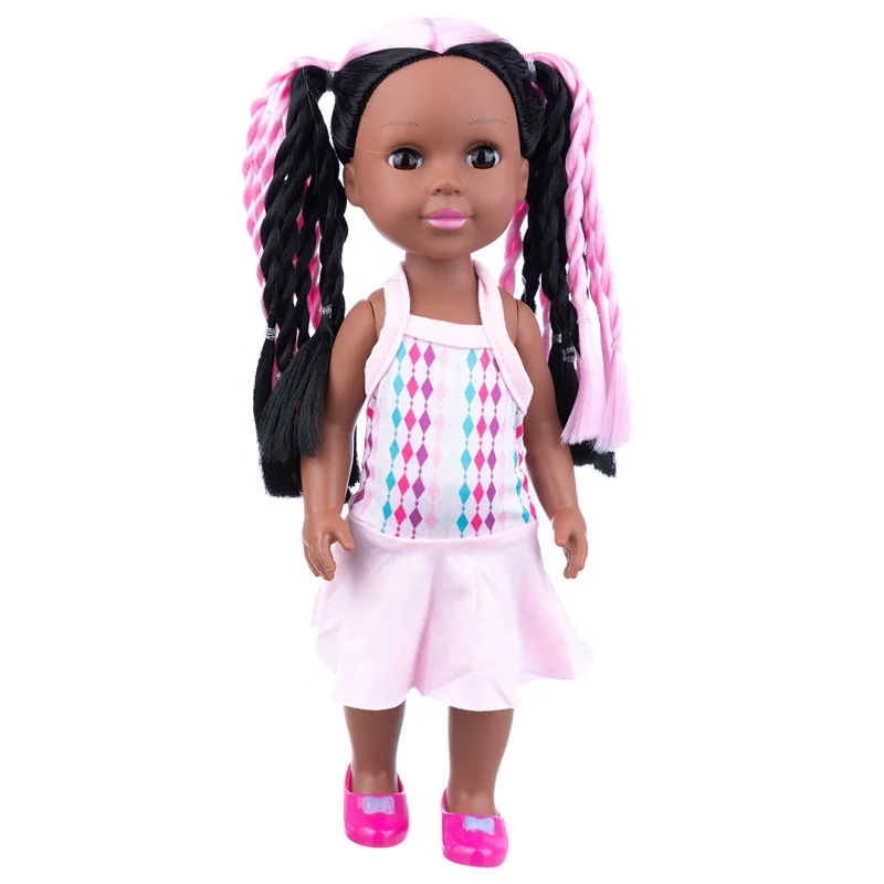 Role playing game toy 14inch oem pink braid hair black girl doll