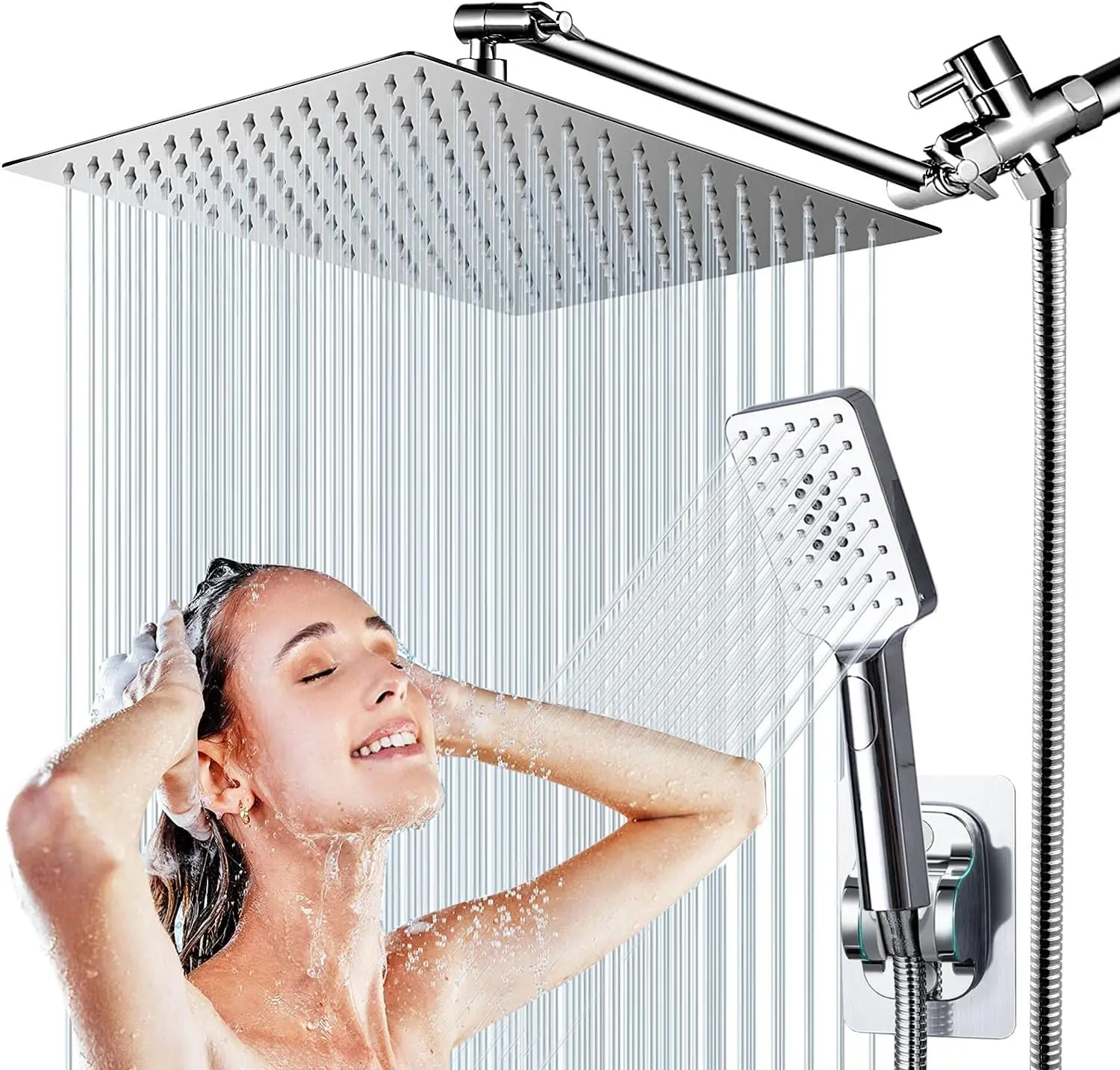 10' Polished Brass High-Pressure Rain Shower Head 11' Adjustable Extension Arm Classic Jet Stainless Steel Massage Chrome