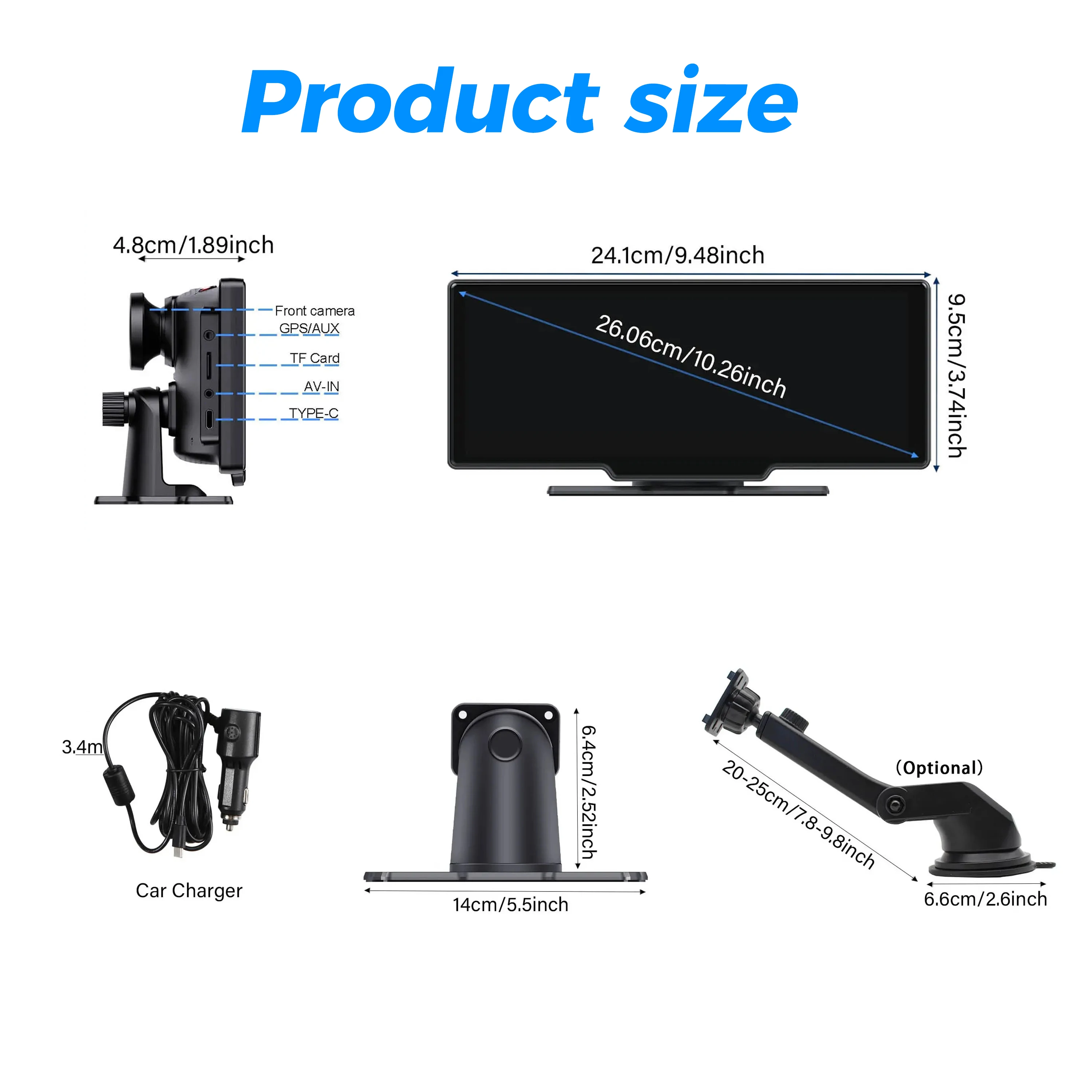 10.26 Inch Universal Car Player Portable Display With DVR Support Wireless Carplay and Android Auto Suit for All Kind Vehicles