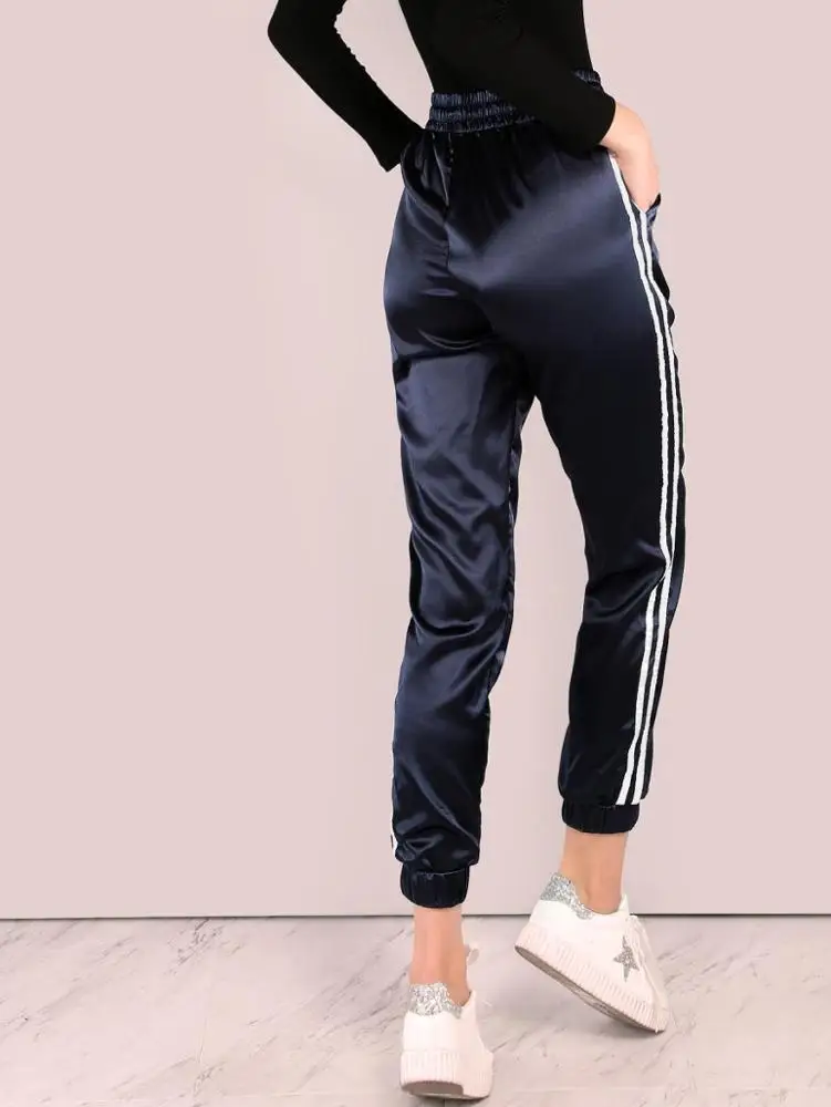 Women Elegant Luxy Satin Pants Elasticated Drawstring Waist Joggers Custom Ladies Side Striped Navy Jogging Pants Track Pants