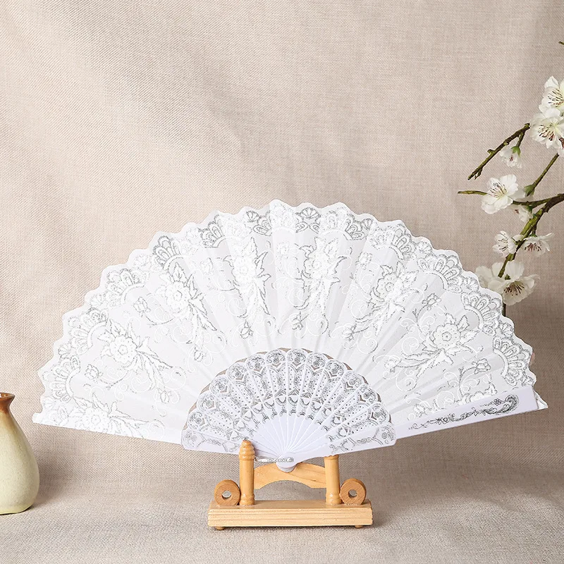 Hot Sale Fashion Foldable Cloth PS Hot Stamping Plastic Bone Handfan Nice Sex Lace Hand Fan for Wedding Gift