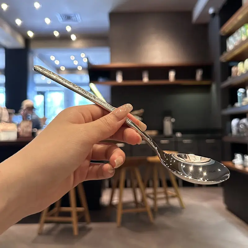 Household Stainless Steel Spoon with Hammer Pattern Korean Style Spoon, High Aesthetic Value Eating Spoon