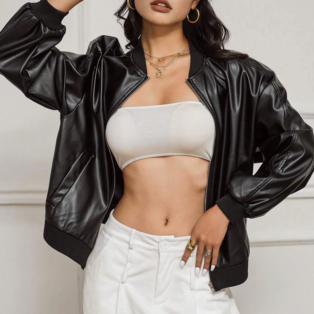 Street Wear Ladies Casual Drop Shoulder Zip Up Motorcycle PU Leather Jacket