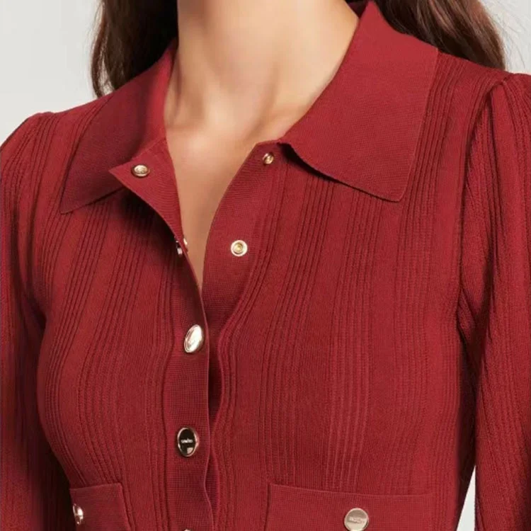 Производители трикотажных изделий под заказ воротник-поло с длинным рукавом ребристая трикотажная женская кофта плиссированное платье