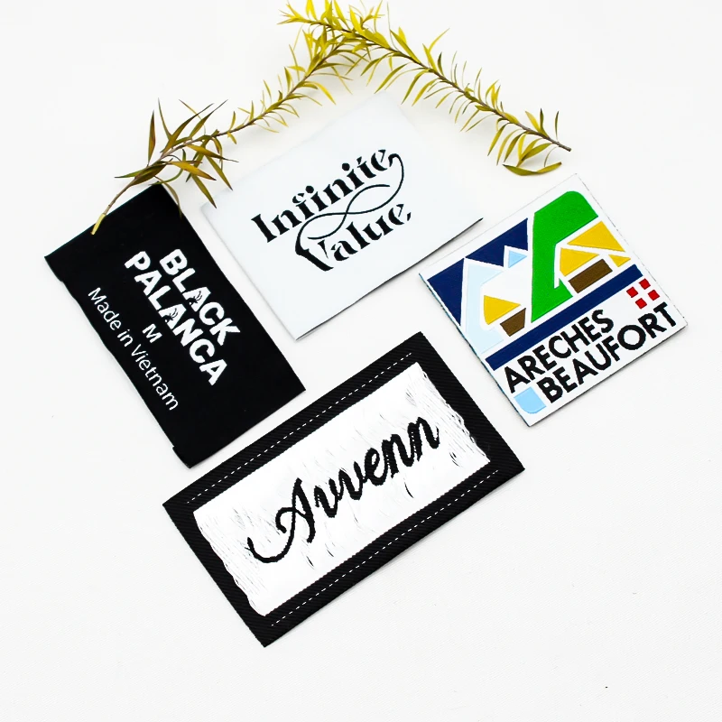 high definition brand hem label for sleeve,loop fold woven hem tag for sleeve