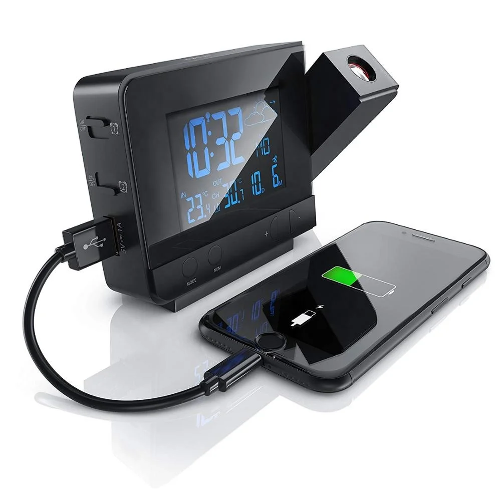 KH-CL115B Weather Stations Multifunctional Hotel Projector Digital Table Alarm Clock with USB Port Charger For Mobile