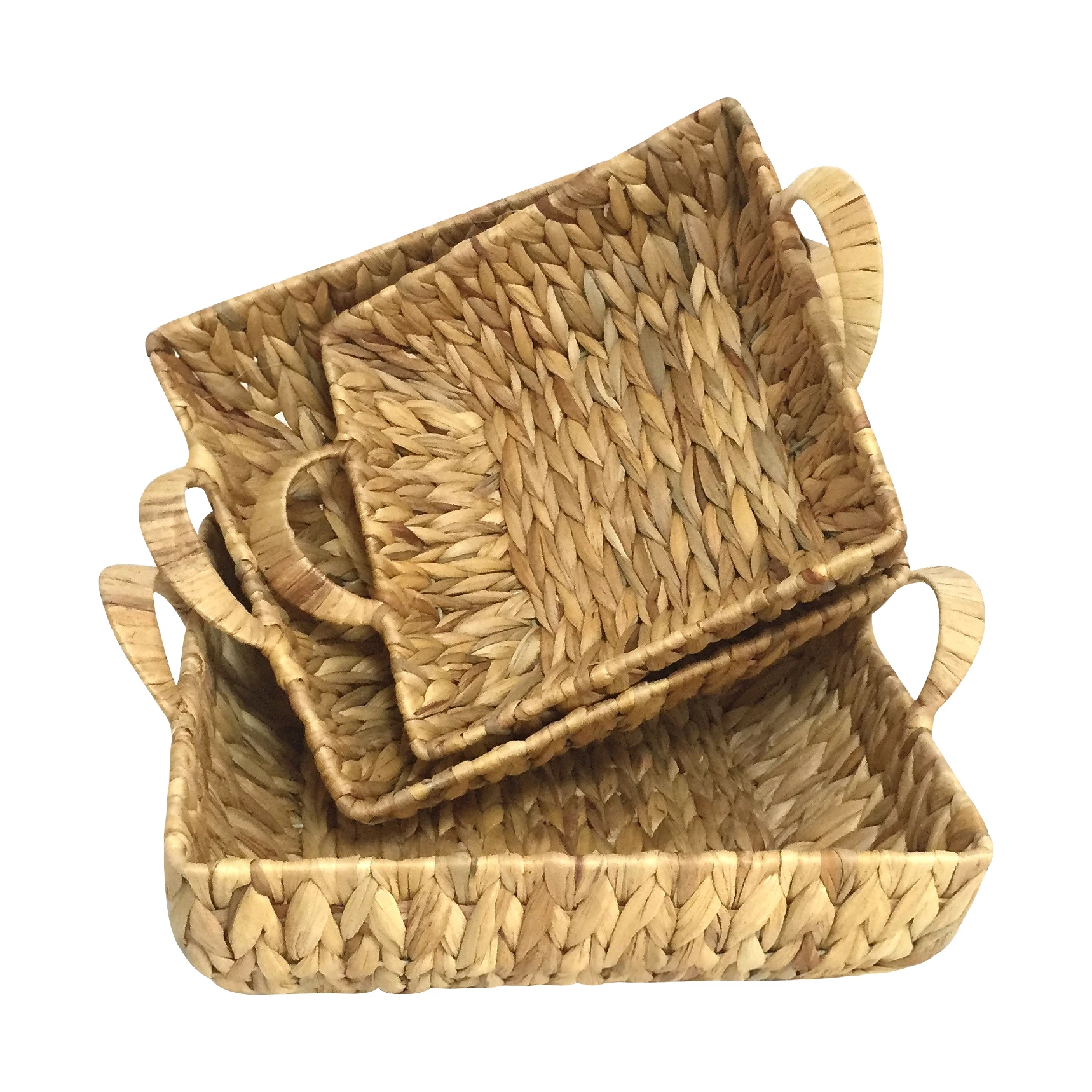 XH Set of 3 Handwoven Natural Water Hyacinth seagrass Square Shape Trays with Handles