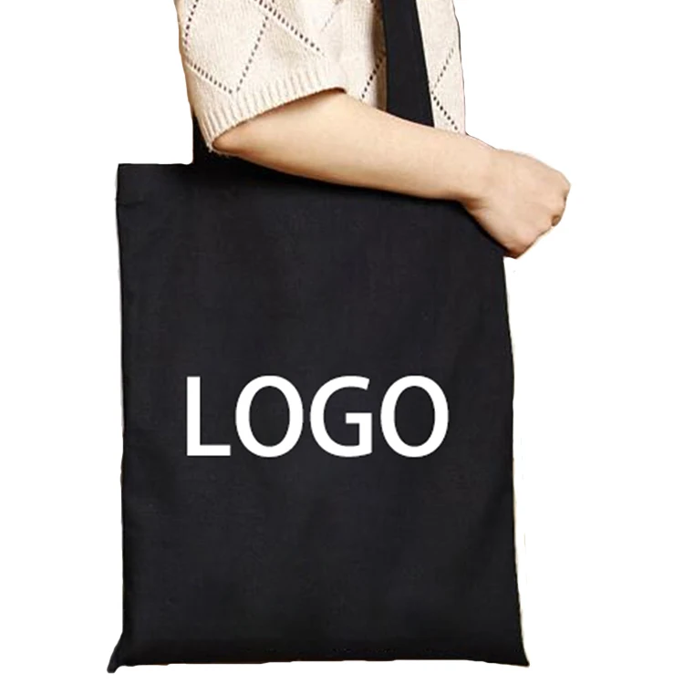 Durable Black Custom Printed Logo Reusable Tote Shopping Cotton Bag For Grocery