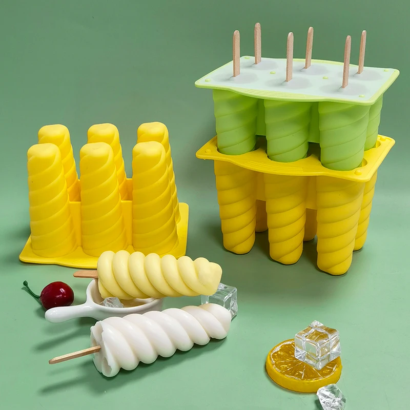 Custom Logo Food Grade  6 Cavity Spiral Cute Silicone Ice Popsicle Ice Cream Making Tools Cube Molds