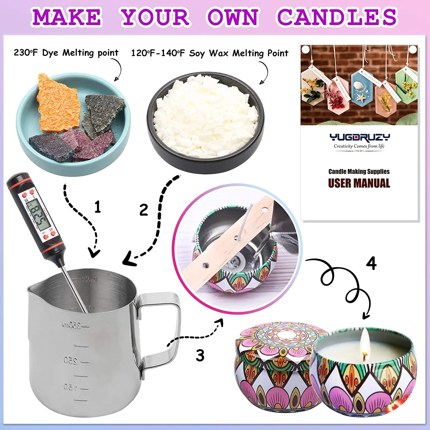 
Candle Making Kit Supplies Soy Candles 3.3LB Beginner Set with Non-Slip Rubber Pad,Heating Cup,Thermometer 