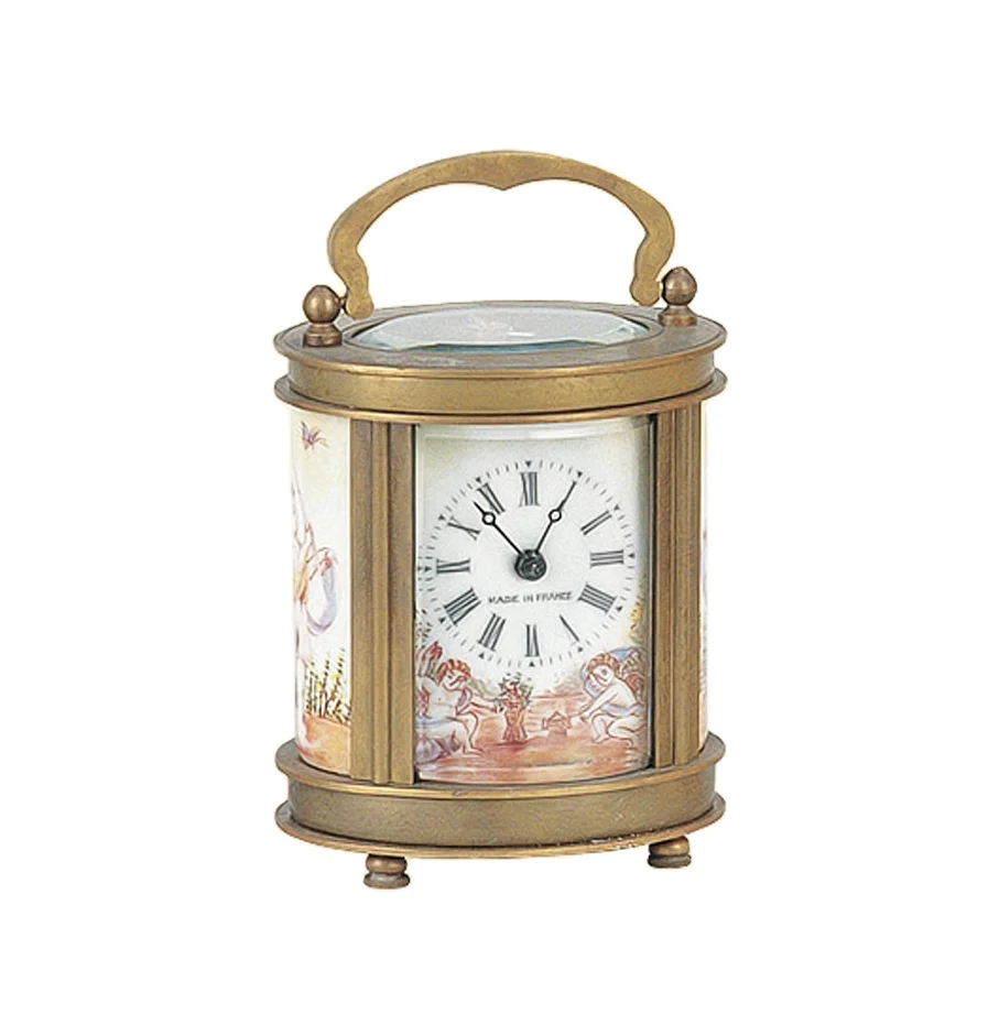 Little  French Style  Round Brass Cased Enamel Artist  Porcelain Dial Winding up by Key Carriage Travel Clock/Watch