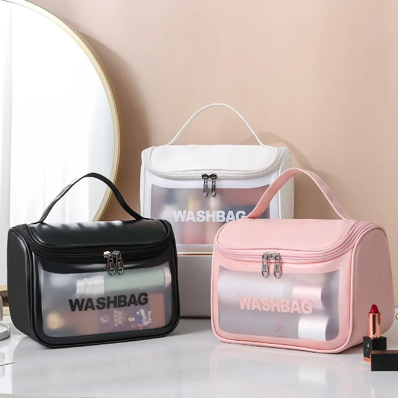 2022 Wholesale Clear Custom Women Pink  PU Leather Waterproof Large Capacity Pvc Toiletry Bag Travel Cosmetic Bag With Logo