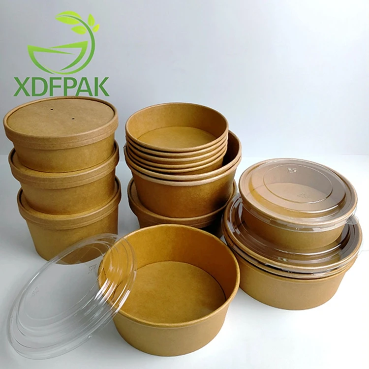 Disposable paper kraft salad box with PLA coating Disposable salad box kraft paper bowl round takeout box