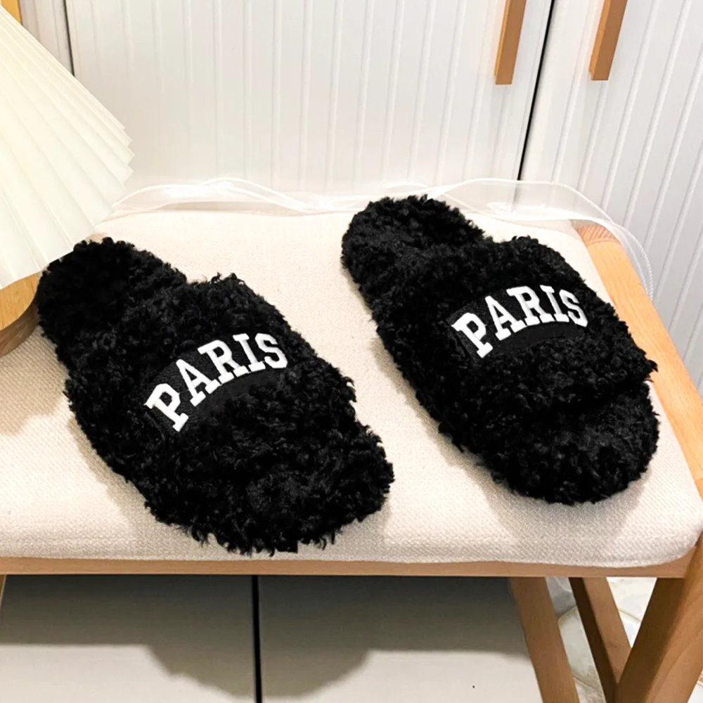 Women Luxury Warm Flat Footwear Female Slide Designer Sandal Plush Comfy Fashion Shoe Brand Lady Lamb Wool Outdoor Slipper
