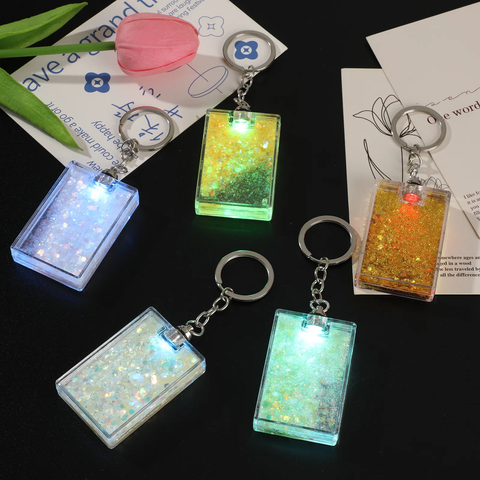 Hot Selling Custom LOGO DIY Sticker LED Shiny Light Multicolor Quicksand Glitter Acrylic Liquid Keychain
