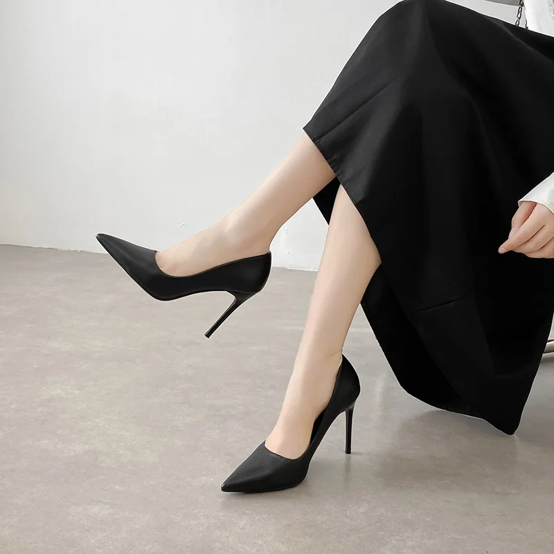 Women Black High Heeled Pointed Toe Shoes Office Lady Elegant Slip-on Thin Heel PU Leather Velvet Business Base Simple Shoes