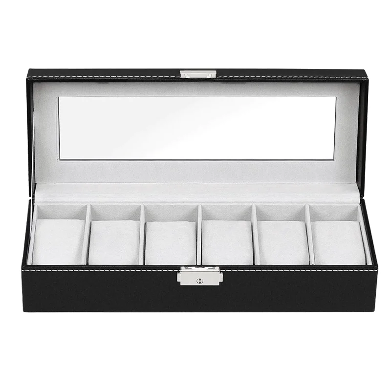 
Hot sale Fashion 6 Slot Soft Pillows watch jewelry box Storage Lockable Leather Glass Lid Watch Box Organizer 