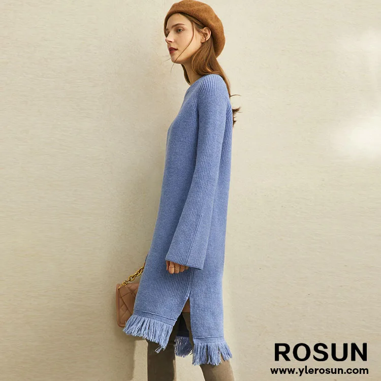 Custom Winter Warm Young Girl Straight Knitted Sweater Dress with Fringe