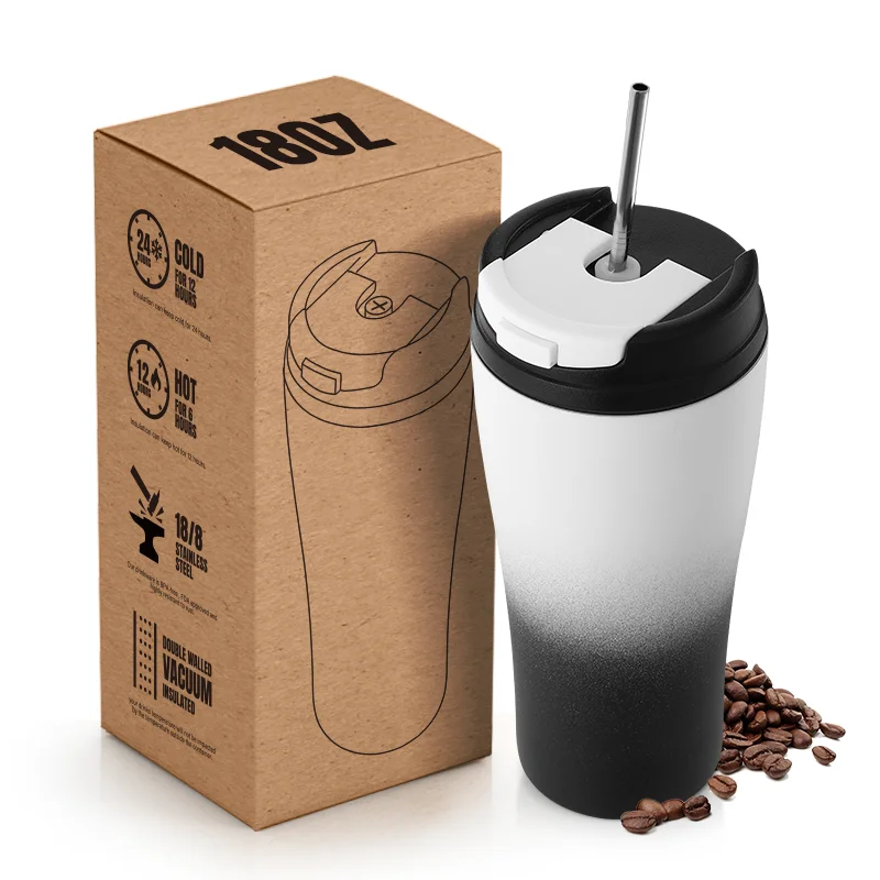 Everich 18oz 18/8 Food Grade Stainless Steel Coffee Mug Silicone Straw Mouth Coffee Mug