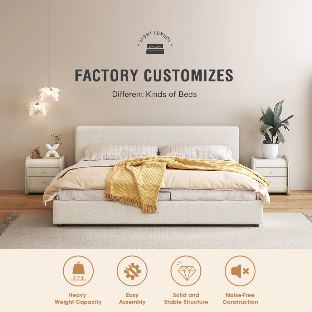 Modern simple solid wood platform ottoman white upholstered bed frame with storage underneath gas lift storage bed with drawers