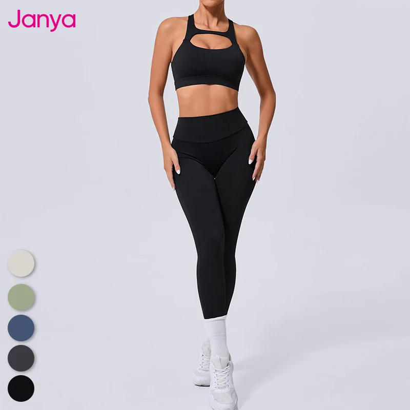 Janya Winter Quick Dry Sport Sets Reversible Removable Pads Yoga Bra + No Front Seam $crunch Butt Back Pockets Leggings Yoga Set