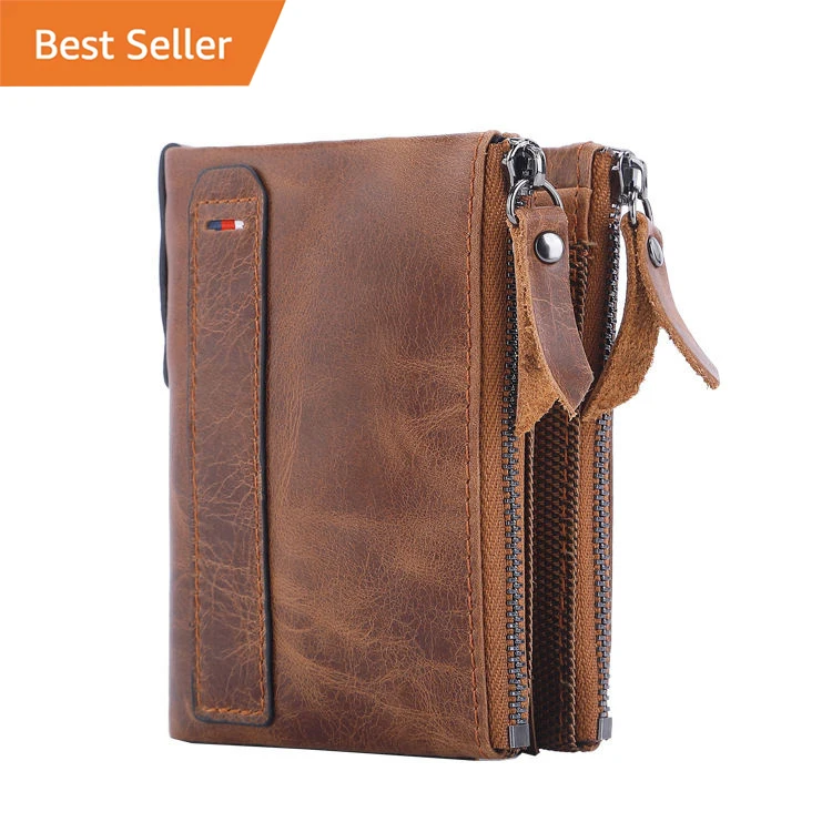 Carteras Genuine leather men wallet Short fashion coin wallet Crazy Horse cowhide double zip money clip porte feuille homme cuir