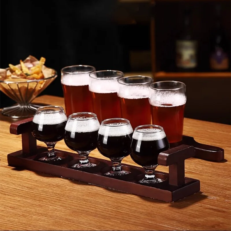 Custom Beer Glass Set Wooden Beer Holder 4 Pack  6 Pack Carrier Flight Board Tulip Craft Beer Glasses With Stand Tray