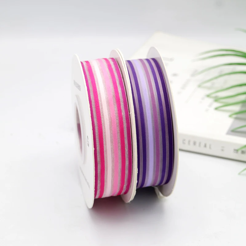 Цветная Полиэстеровая розовая и Радужная полосатая органза 1/25 мм, подарочная лента для упаковки, подарок, банты, декоративная подарочная лента