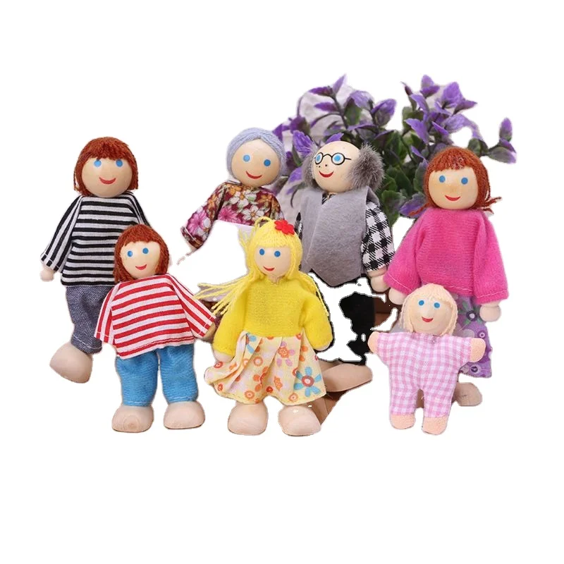 7pcs/set Happy House Family Dolls Wooden Figures Characters Dressed Kids Girls Lovely Children Pretending Toys