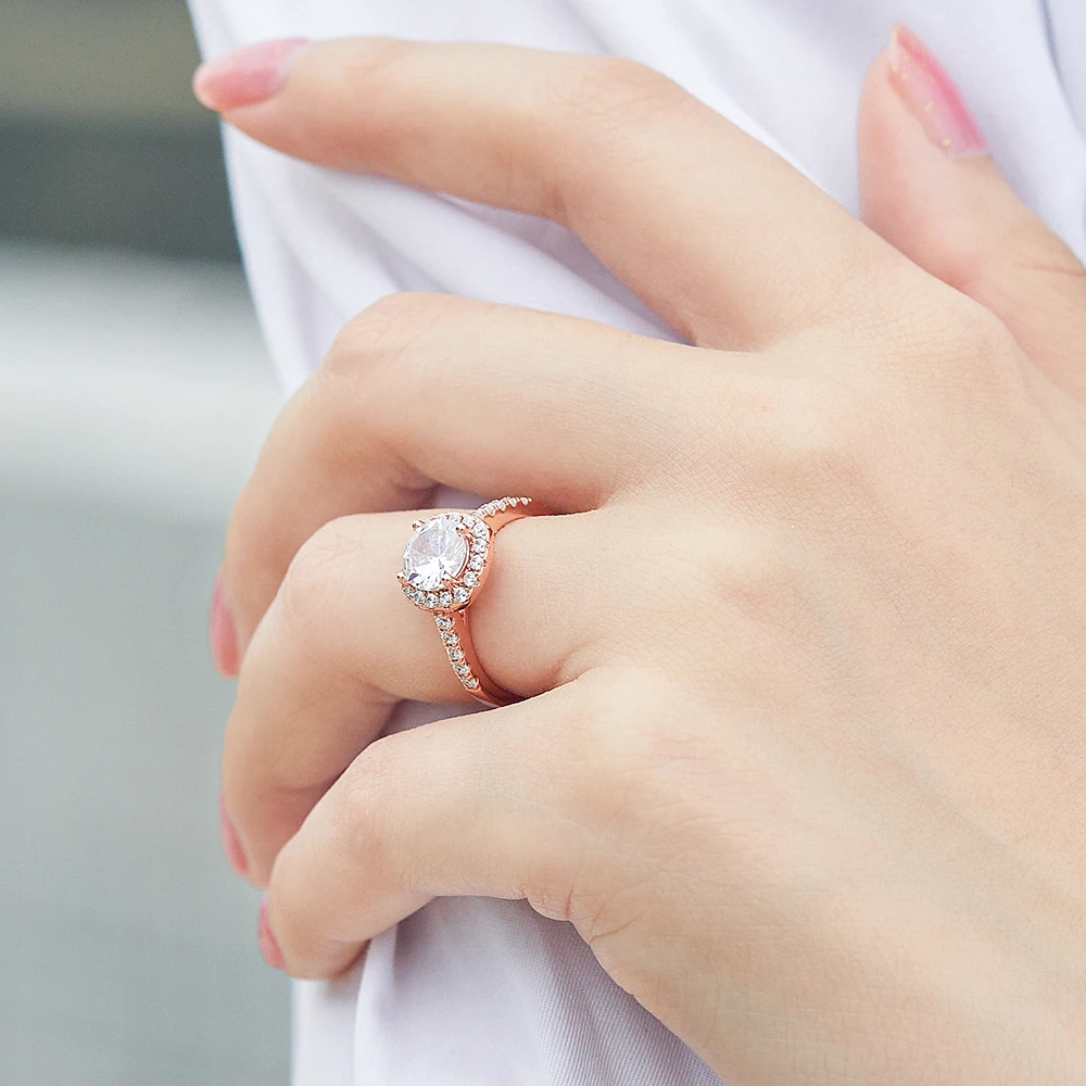 Halo Ring Round Brilliant CZ 18K Gold plated Rose Gold Plated 925 Sterling Silver Engagement Wedding Ring