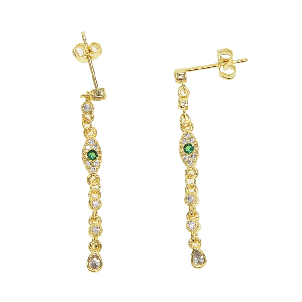 2023 fashion latest design women gold plated jewelry Blue white cz drop charm Lucky eye long chain earrings