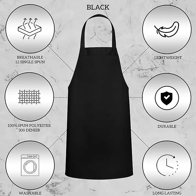 wholesale cheap custom full length bib black dishwasher apron kitchen polyester cotton fabric chef cooking apron two pocket logo