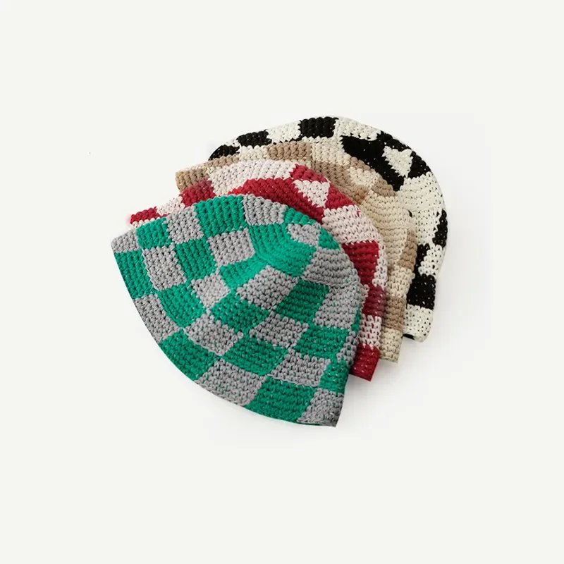 Custom colorful ladies hand made crochet fisherman cap hat chunky checkered knitted crochet bucket hat