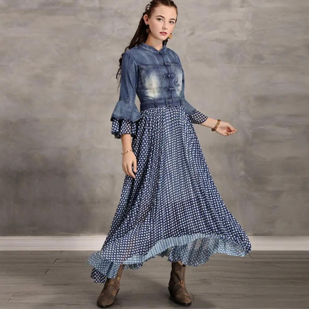 
Casual Summer Flare Sleeve Single Breasted Polka Dot Chiffon Patchwork Denim Maxi Dresses For Ladies  (62389286590)