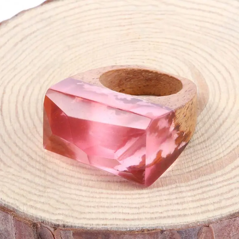 2023 Unique Pink Resin Wood Rings Movies Magical Mystery Scenery Inside Handmade Forest Wooden Tree Ring