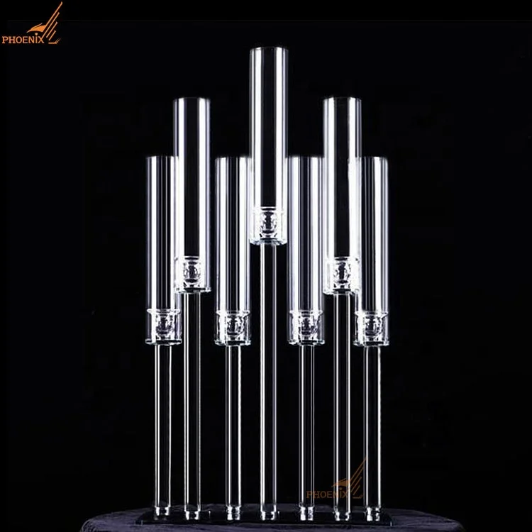 Wholesale rectangle shape 7 arms crystal pillar candle holder glass tube candelabra centerpiece wedding party decor