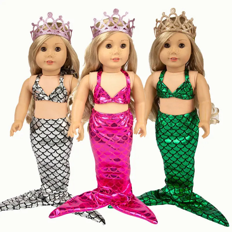 Hot Selling Fashion Sequined Mermaid Swimsuit Crown Bikini 18 In American Reborn Baby Dolls Clothes Miniature Doll Accessories
