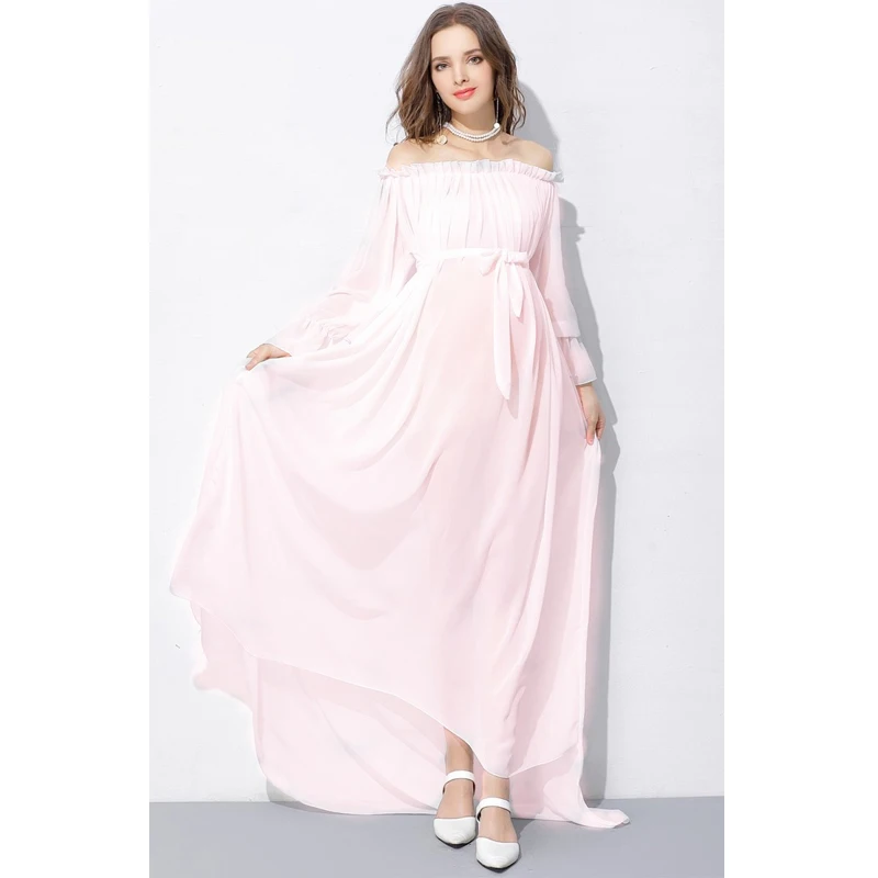 Fuyu Boutique Maternity Gown Long Sleeve Women Clothes Plain Floor-Length Photography Pregnant Dress for Photo Shoot