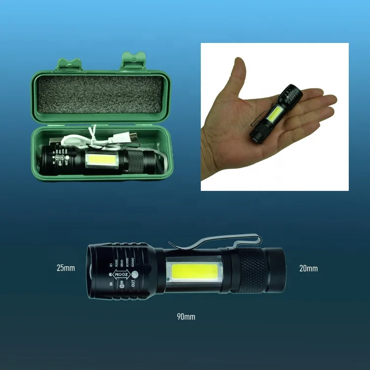 Portable clip on mini aluminum XPE with built-in battery, USB charging, retractable focus flashlight, 2-in-1 COB reading light
