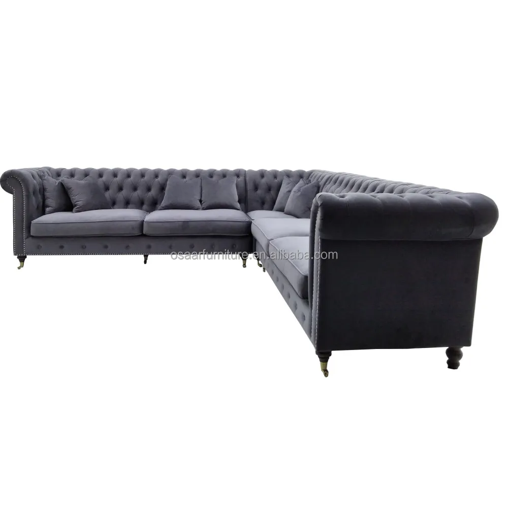 Classic American Style Grey Velvet Tufted Chesterfield Round Corner Sectional Sofa