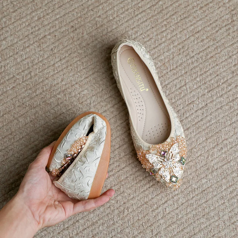 Size 35-45 Luxury Shiny Satin Flats Pointed Toe Dress Pumps Women Ballerina Flat Shoes For Wedding Party Loafers
