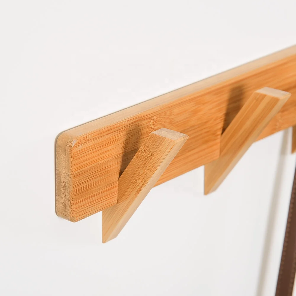 Modern Large Wood Wall Coat Rack with 5 Hooks Single-Tier Organization Kitchen Bathroom Clothing Hanger Bamboo Clothes Hanging