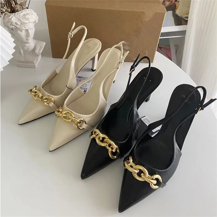 chaussures femme new summer high temperament high heels pointed fine heel metal chain jewelry sandals female
