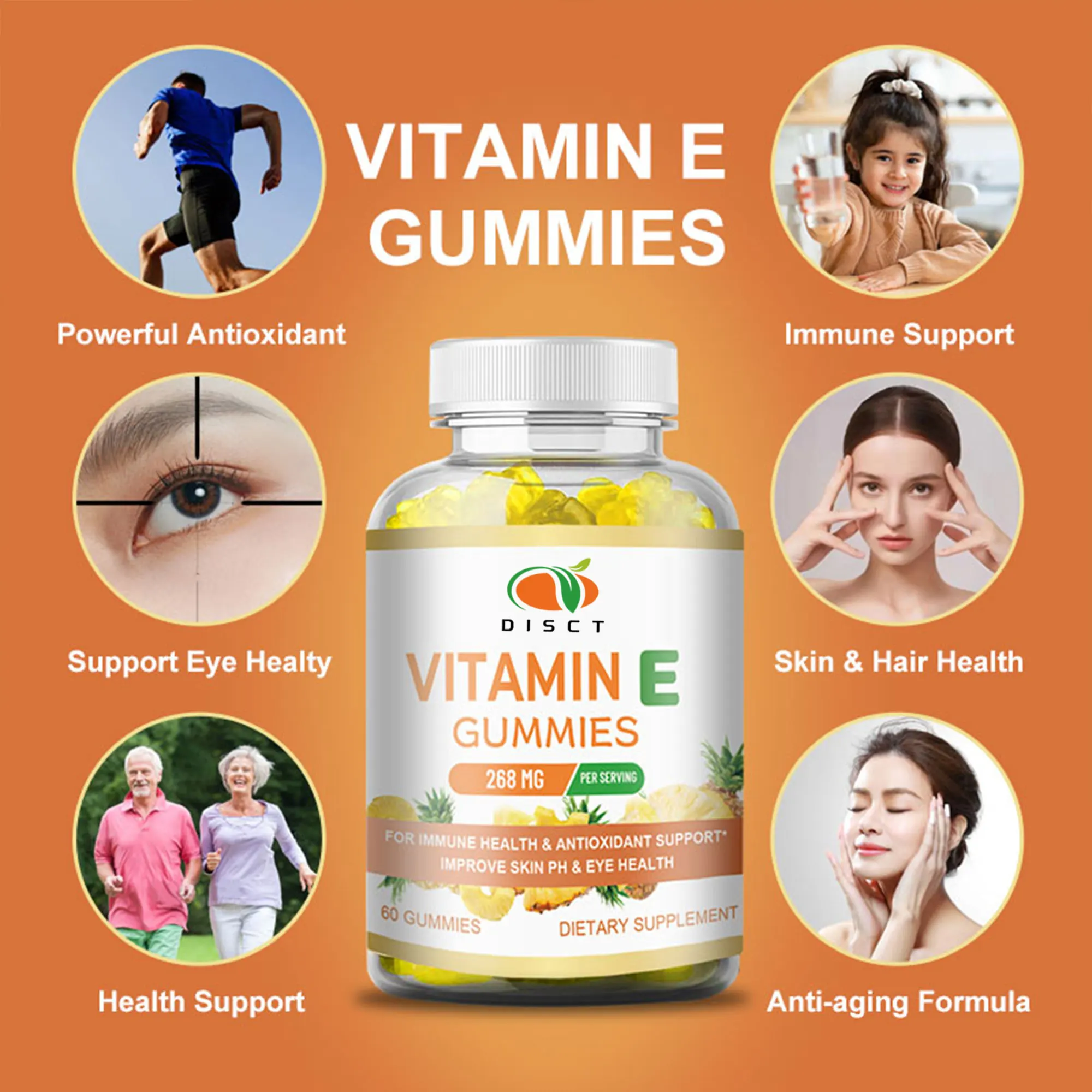 private label Natural Non GMO, Gluten Free Vitamin E Gummies for men and women immune support and Overall Health