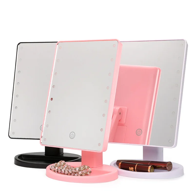 Wholesale 360 Degree Rotation Desktop Led Makeup Mirror Portable 22 Lights Travel Plastic Cosmetic Mirrors Pink White