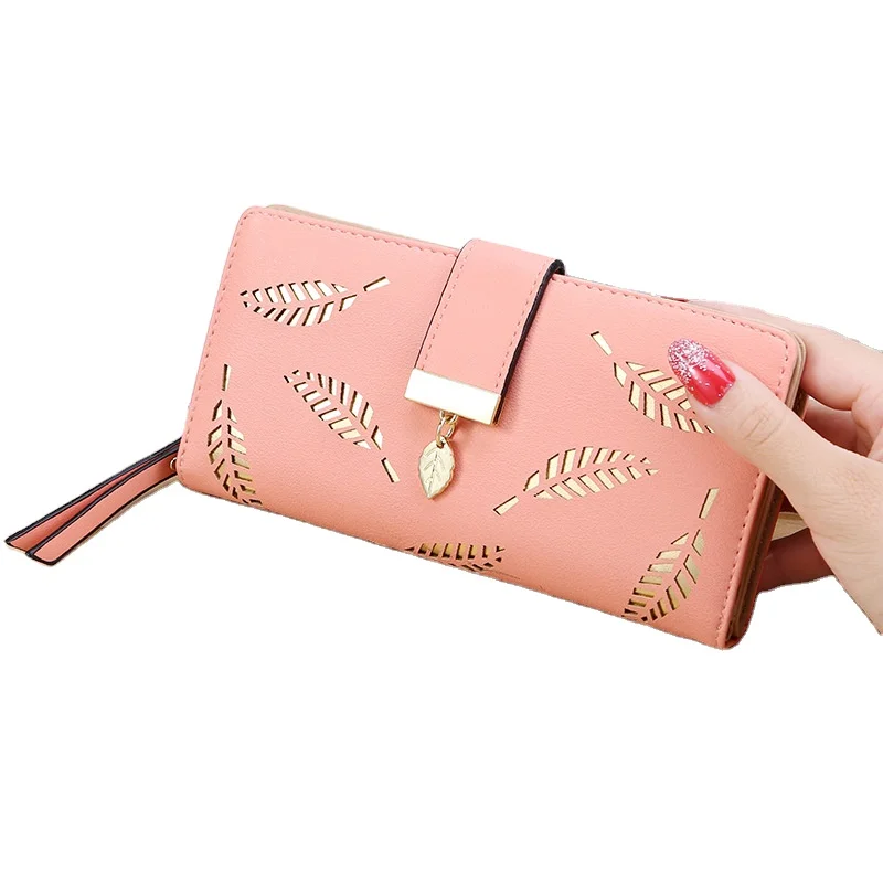 
2020 popular drop shipping hollow out leaf pattern long black clutch cell phone purse leather wallets for women fashionable 