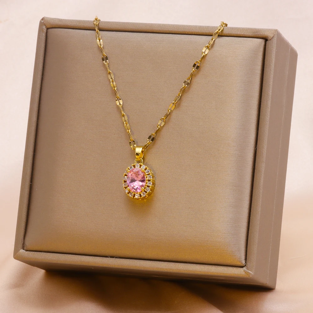 Stainless Steel Chain Necklace Women Gold Plated Waterdrop White Crystal Diamond Cubic Zircon Pendant Necklaces