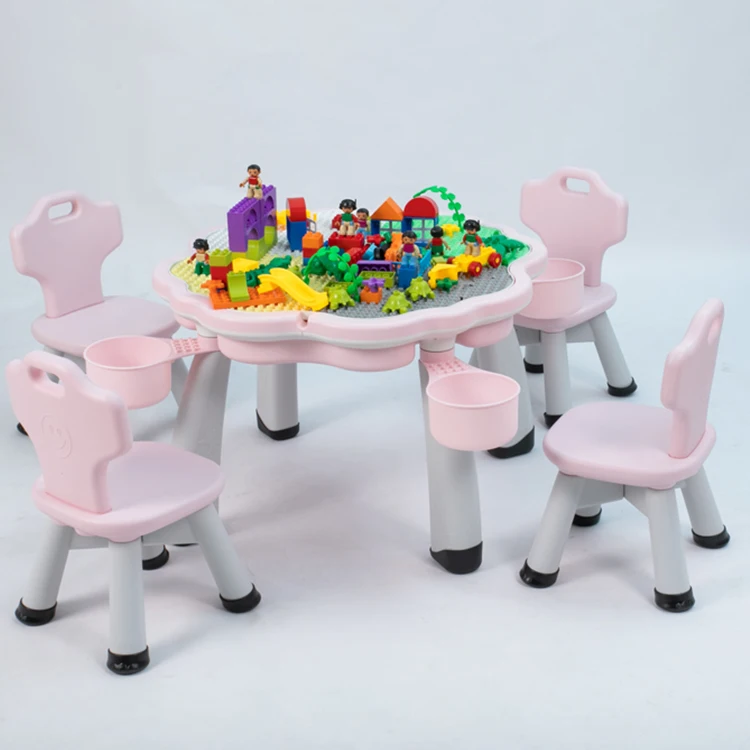 Eco-friendly Flower Shape Multifunction Plastic building blocks kids table with chair