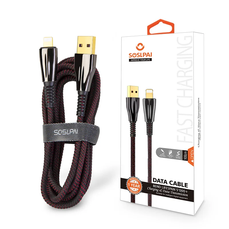 SOSLPAI new design for iphone data cable nylon fabric for iphone 2.1A phone custom logo luxury usb cable